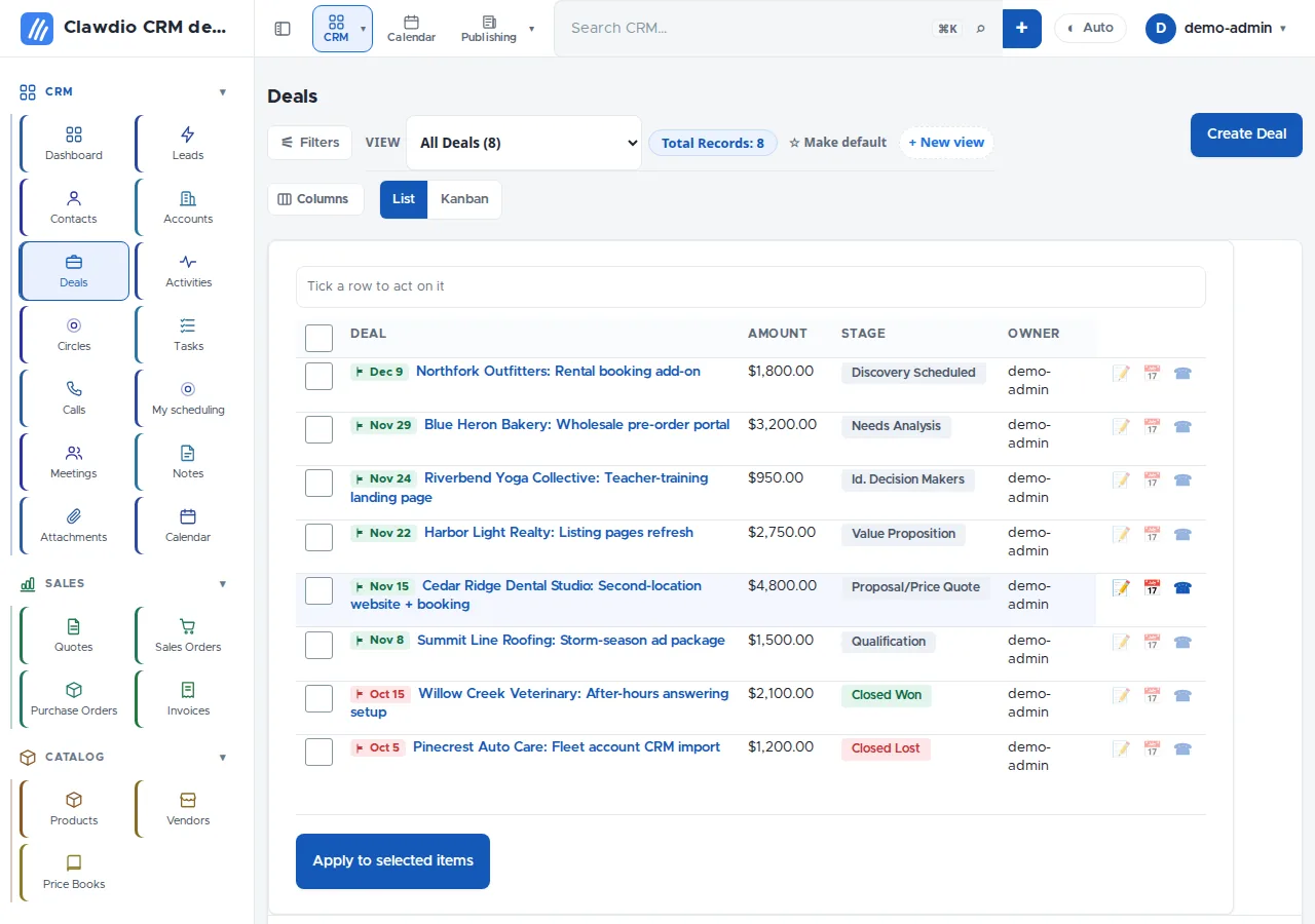 The deals list: deal name, amount, stage and owner, with saved views, filters, columns, list or kanban, and bulk actions.